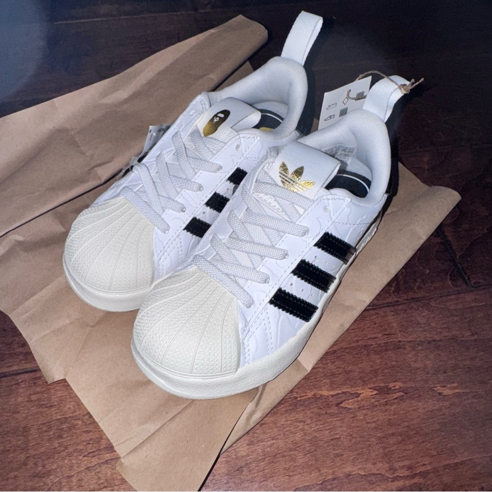 New Sold Out Bape Adidas Kids Superstar White and Black Shoes